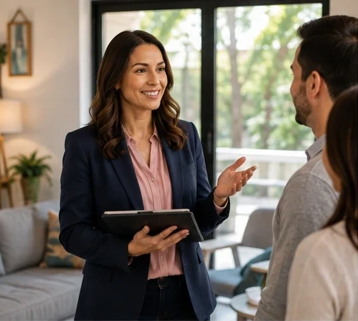 A real estate agent showing a couple through a home
