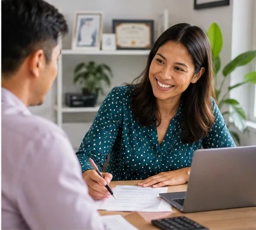 A mortgage broker going through paperwork with a client
