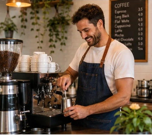 A café owner steaming milk at his espresso machine