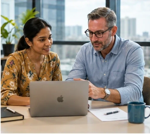 A consultant walking a client through a laptop
