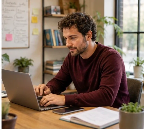 A man building his business plan on a laptop