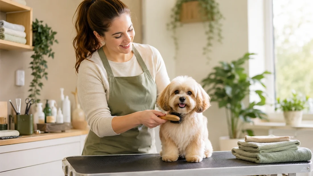A dog groomer brushing a small fluffy dog