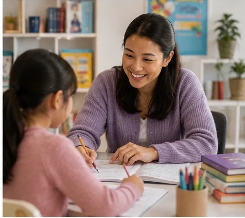 A tutor helping a young student with her workbook