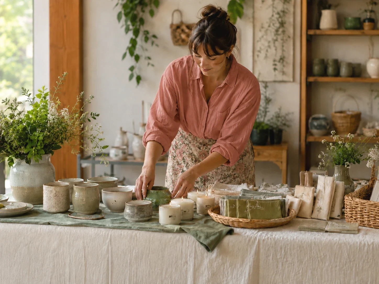 A woman arranging handmade candles and ceramics on a market table