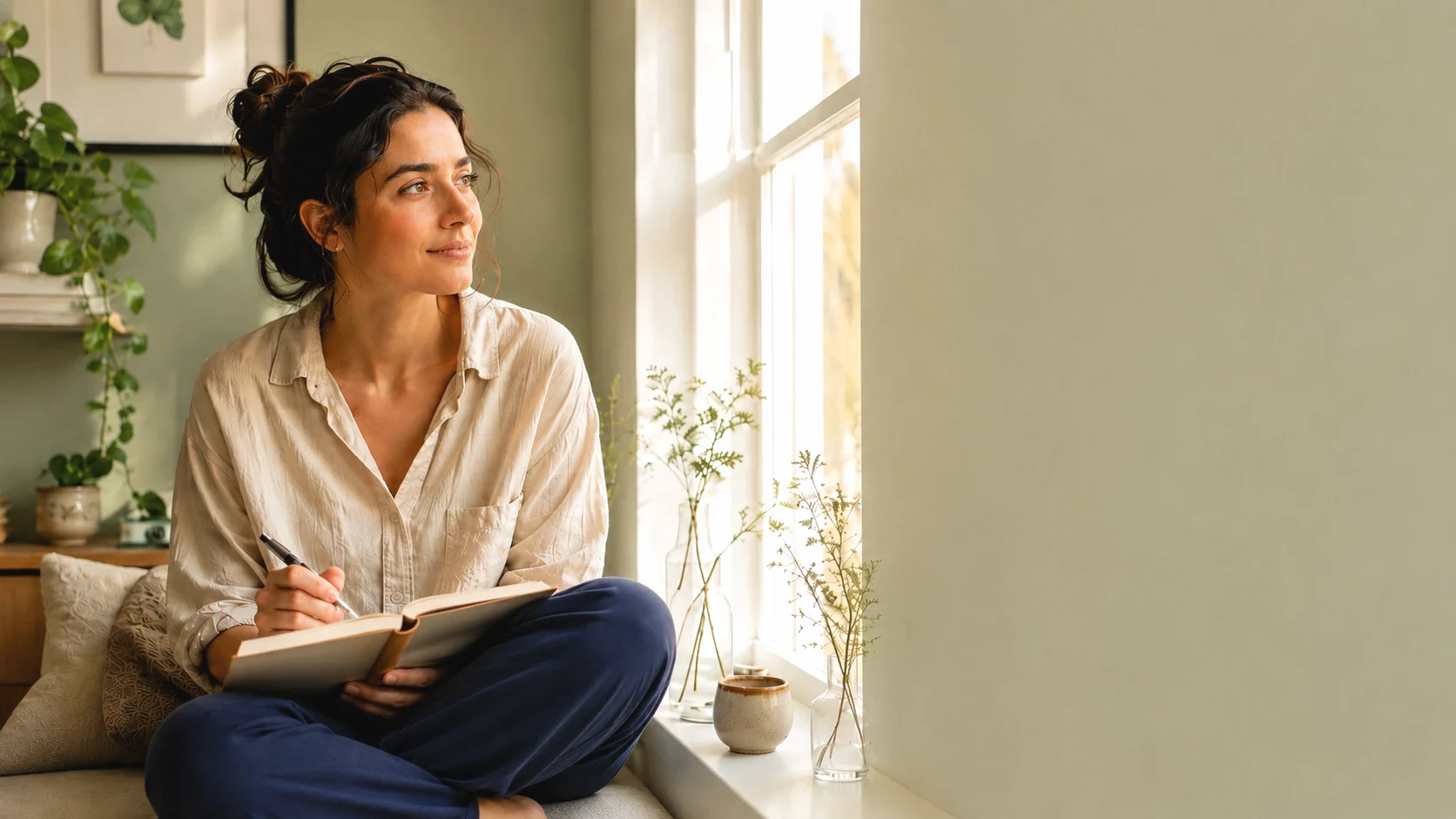 A woman sitting by a bright window with a notebook, thinking