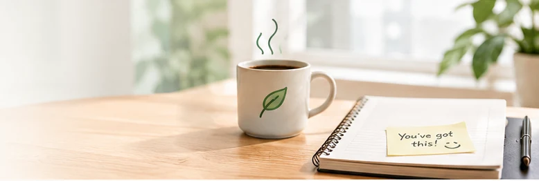 A mug of coffee beside a notebook with a sticky note that says you've got this