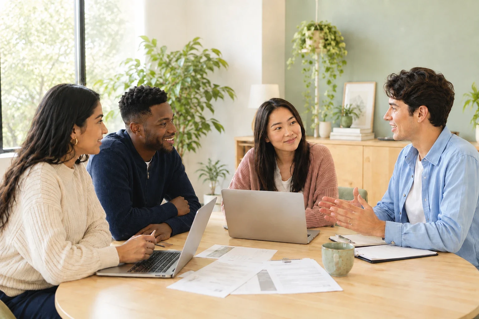 A careers advisor talking with three jobseekers around a table with laptops and resumes