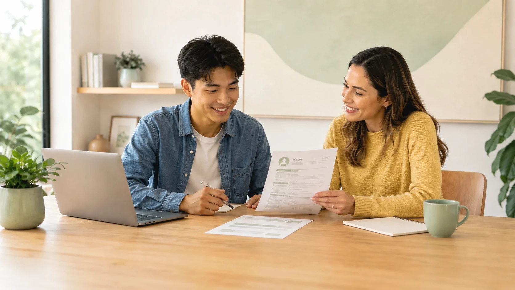 Two people at a table smiling over a resume