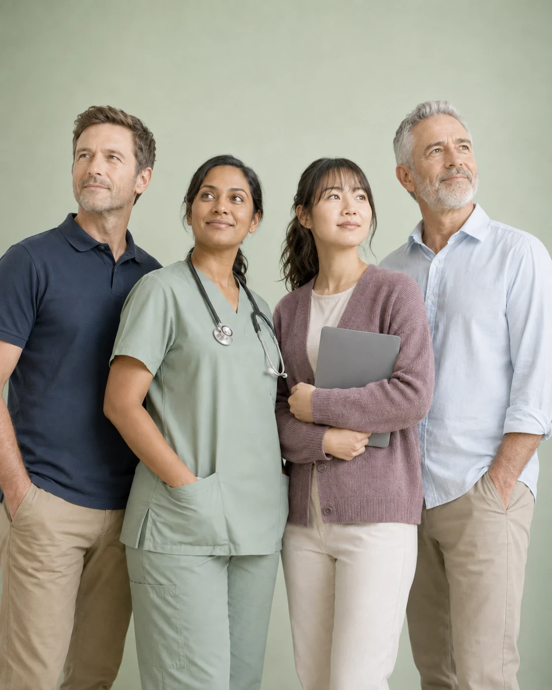 Four public-sector workers: an office worker, a nurse, a younger woman holding a laptop, and an older man.