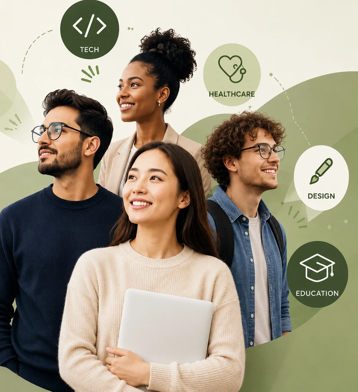 People thriving in careers across tech, healthcare, business, design and education