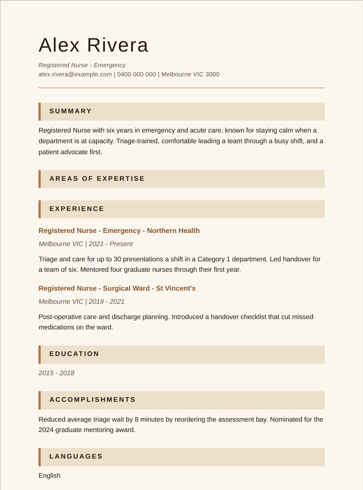 A resume in the Warm template